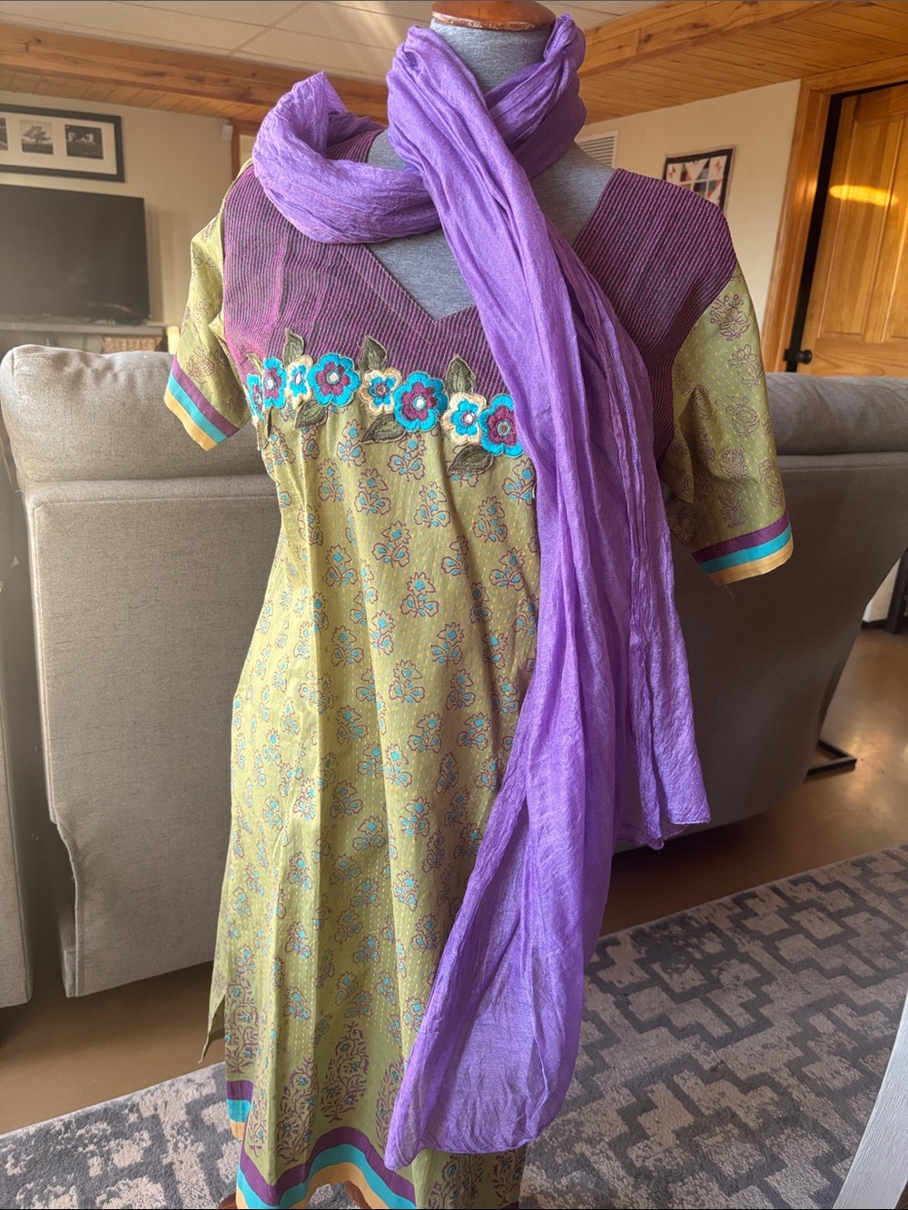 Purple-Accented Olive Floral Midi Dress with Scarf and pants